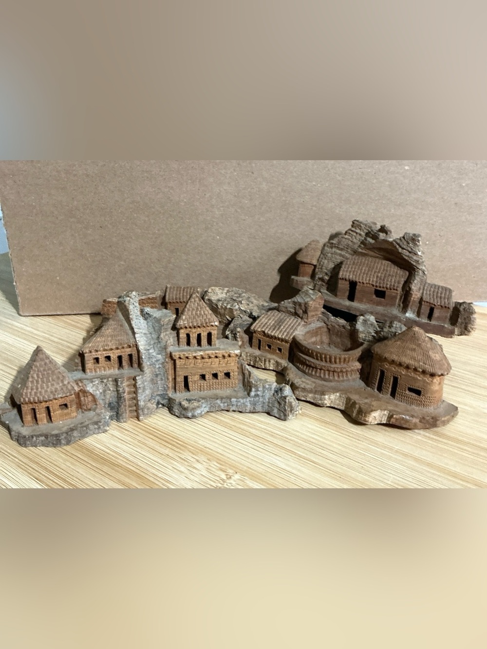 Vintage Handcarved Miniature Village Set carved wood w/bark 3 pieces Rustic Art
